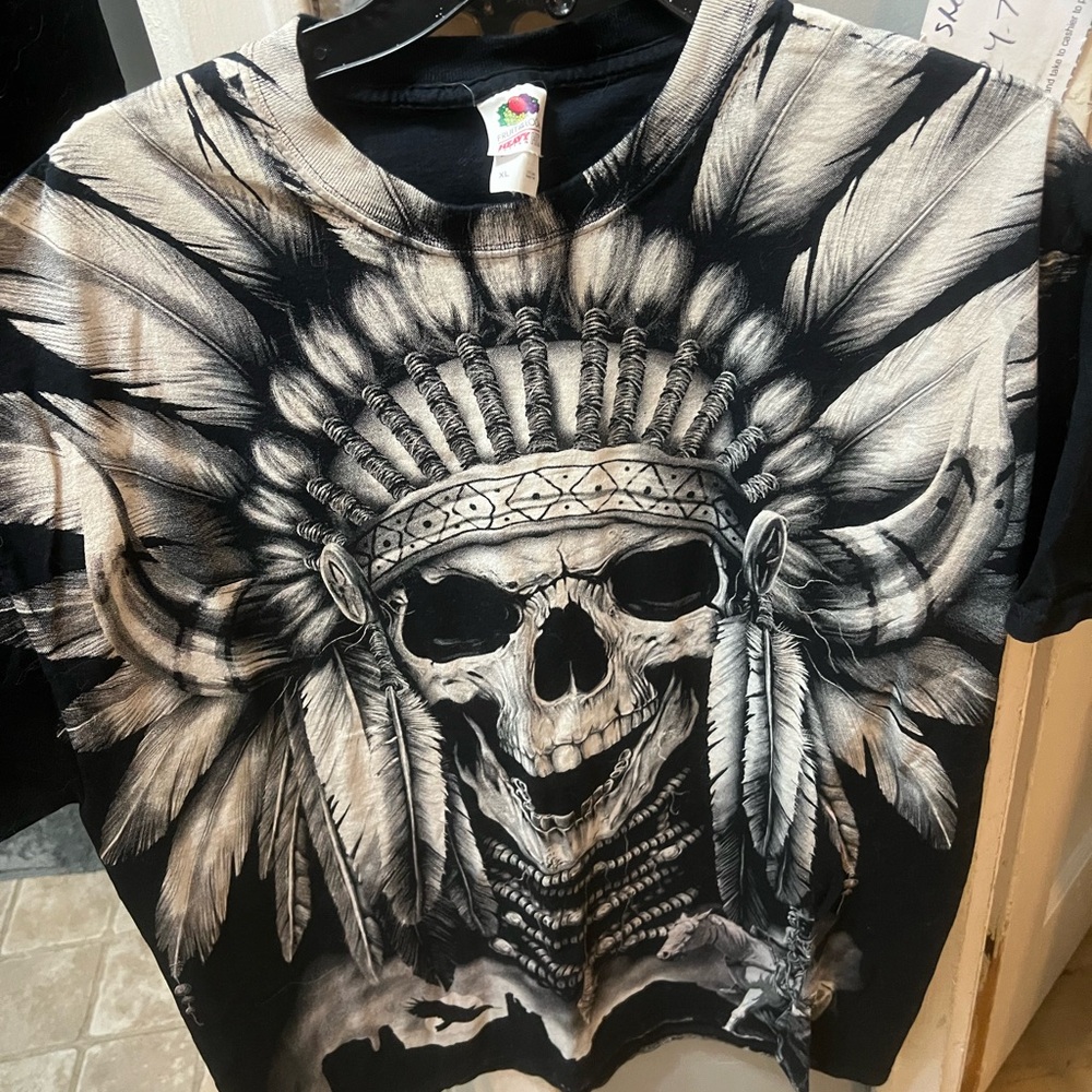 Native Pride Graphic T-Shirt featuring Skull and Feather War Bonnet- Size XL
